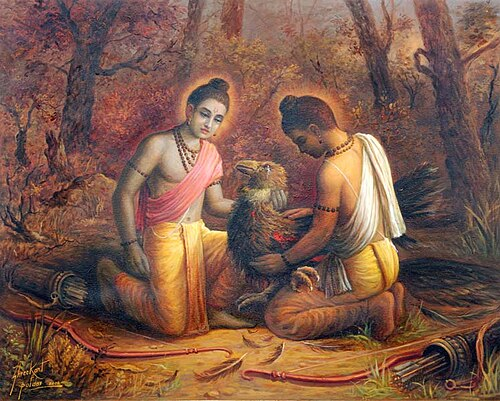 Ram and Lakshman encounter the wounded Jatayu after his attempt to stop Ravan, as described in the Aranya Kanda of the Ramayana.