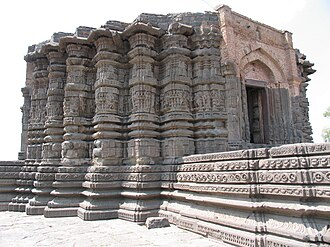 Exterior view of Daitya Sudan Mandir, Lonar, showing basalt stone carvings and architectural details of the Hemadpanthi style.[1]