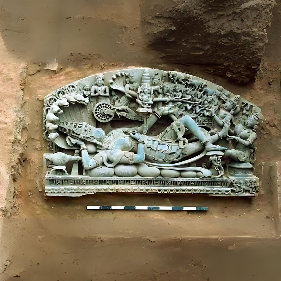 The Sheshshayi Vishnu sculpture, an intricate panel depicting Vishnu reclining on Shesha Naga, discovered during ASI’s conservation work in 2024.[4]
