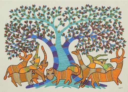 A Gond painting illustrating traditional motifs inspired by nature by artist Dhawat Singh.[2]