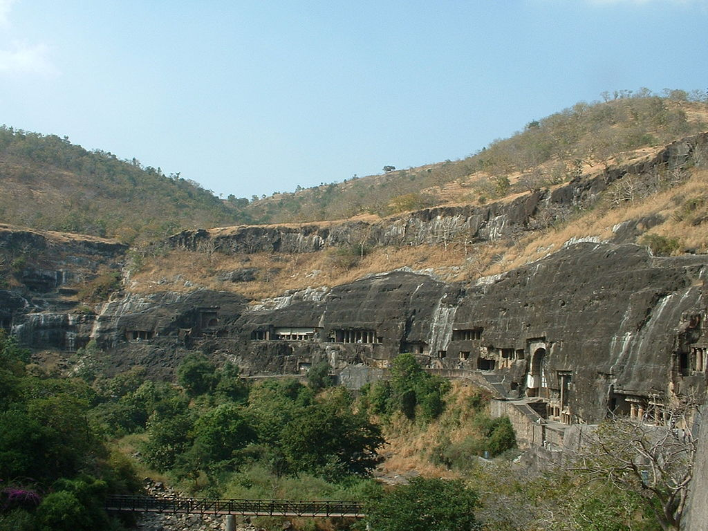 Ajanta Caves are an example of rock-cut architecture and feature both chaityagrihas and viharas carved into a horseshoe-shaped cliff above the Waghora River.[1]