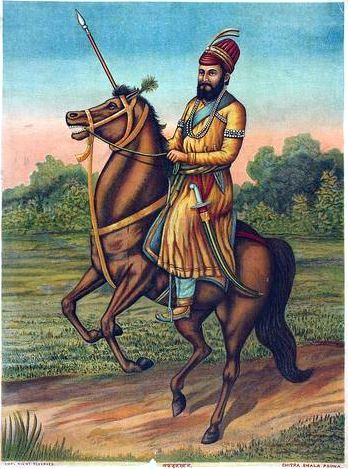A 20th-century painting of Afzal Khan, a noble and general in the Bijapur court. Dispatched to subdue Shivaji in 1659, he passed through Tuljapur and ordered the desecration of the Bhavani Mandir.