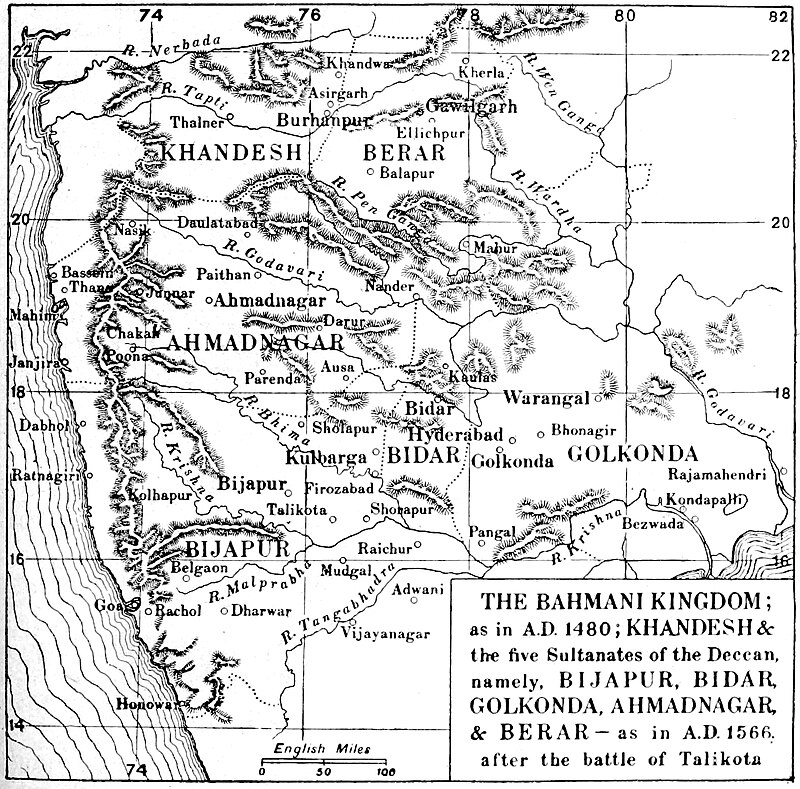 Historical map showing the Bahmani Kingdom and the five Deccan Sultanates — Bijapur, Bidar, Golkonda, Ahmadnagar, and Berar — with the Khandesh Sultanate marked in its strategic location between the Tapi River and the Satpura ranges. Adapted from Vincent A. Smith’sThe Oxford History of India(1911).