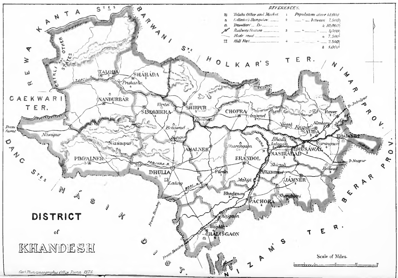 Map of Khandesh District (British-era, 1878).Notice the territorial extent of Khandesh following the Gwalior Treaty of 1844, which formally transferred key northern tracts—including Yawal, Chopda, and Lohara—from Scindia control to the Bombay Presidency.