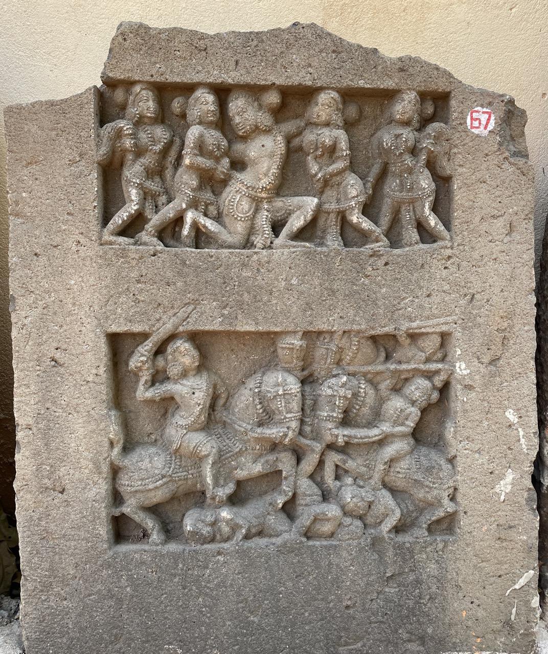 Intricate carvings which seem historic in their nature lie outside the Mandir premises. In many of these stone artworks, one can find many peculiar depictions involving women and battles. (Source: CKA Archives)