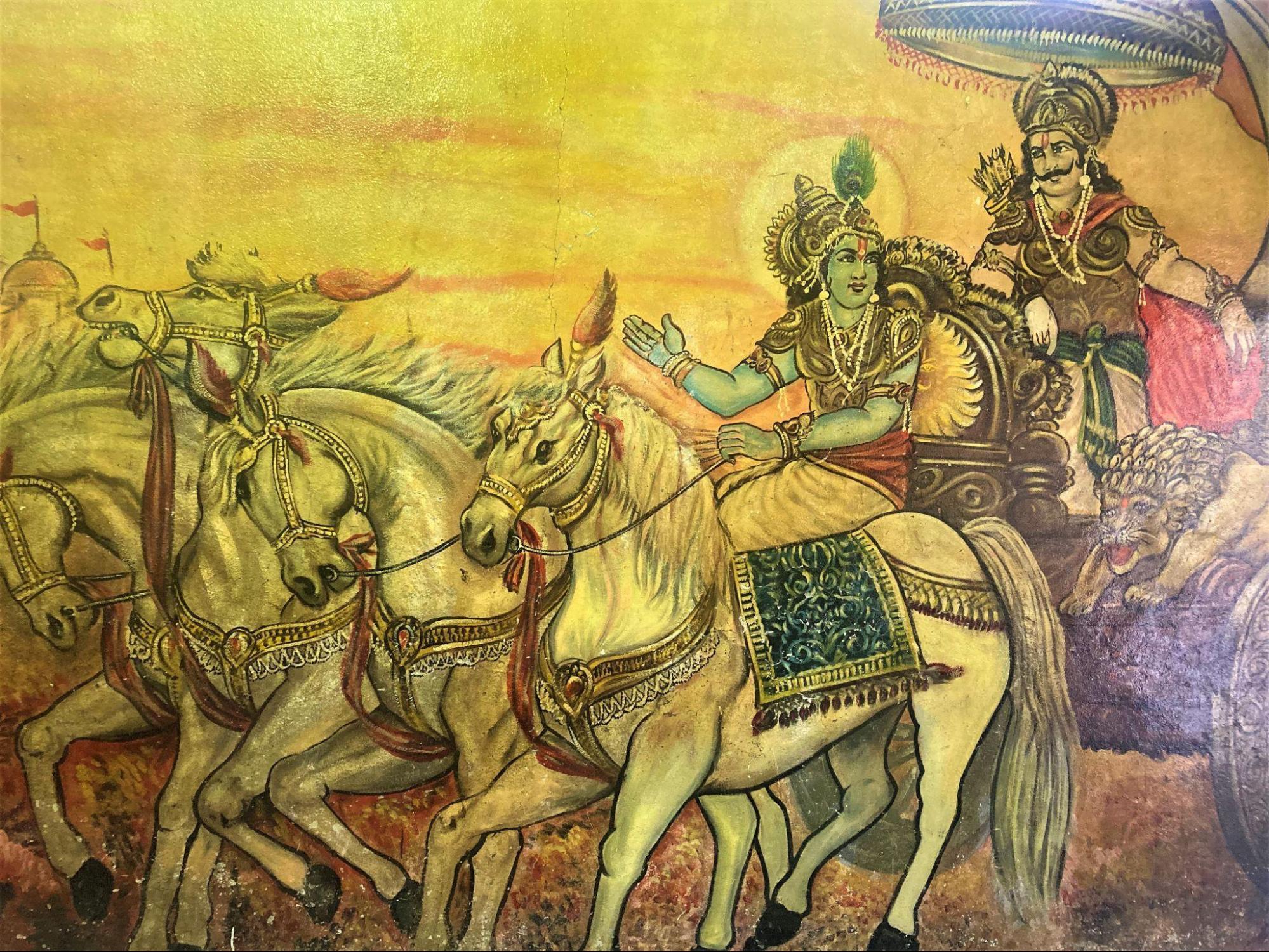 An illustration of Bhagwan Krishna guiding Arjun’s chariot, a scene that recalls the Bhagavad Gita’s teaching on selfless action. (Source: CKA Archives)