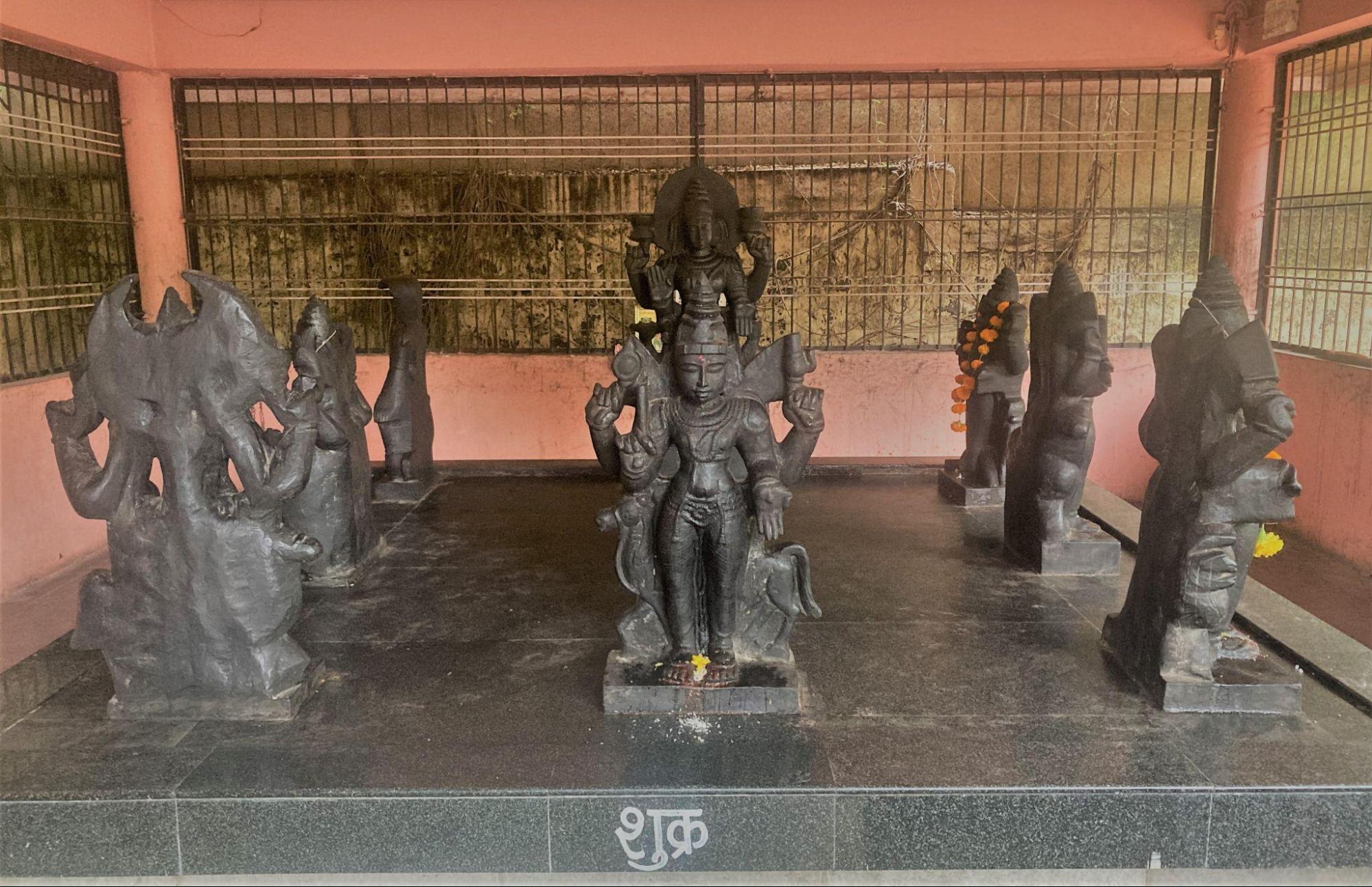 Carvings of the Navagraha (nine celestial beings) positioned together in the mandir. Each is associated with specific aspects of time, fate, and human experience in Hindu tradition. (Source: CKA Archives)