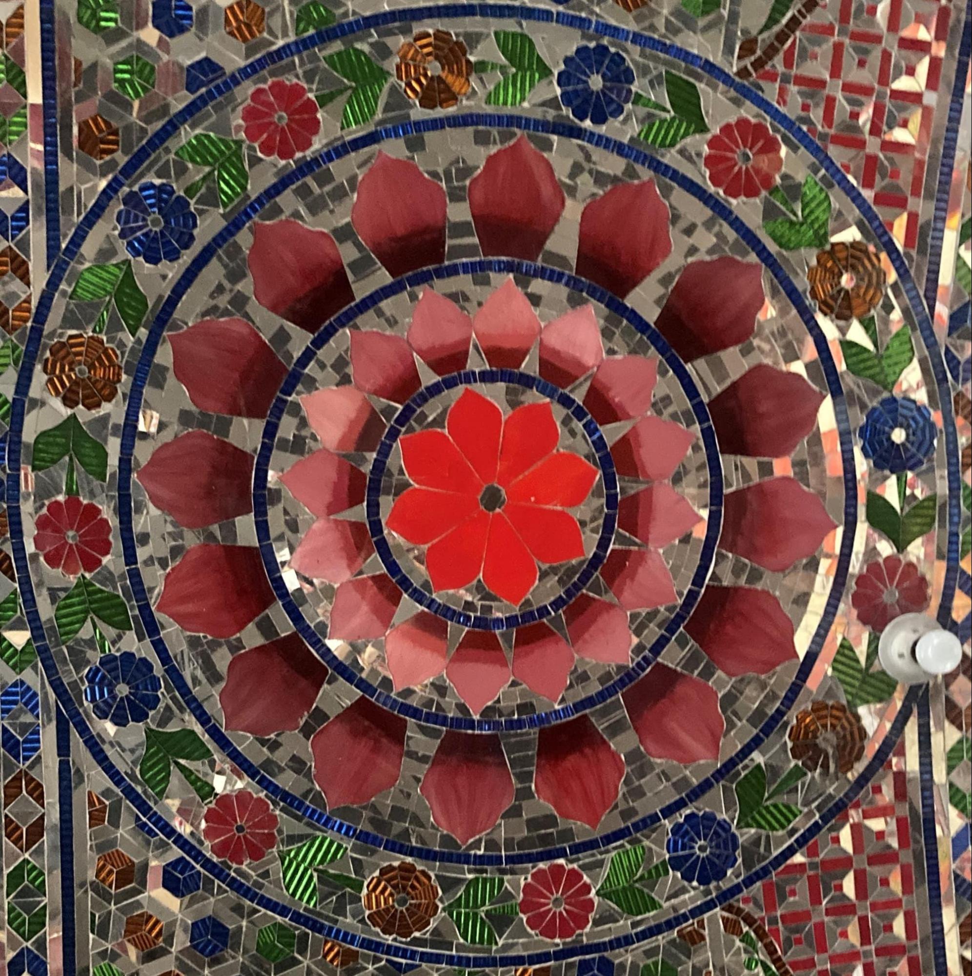 Ceiling of the Jagdamba Devi Mandir, Latur decorated with glass and mirror work.This feature was added in a later renovation. (Source: CKA Archives)