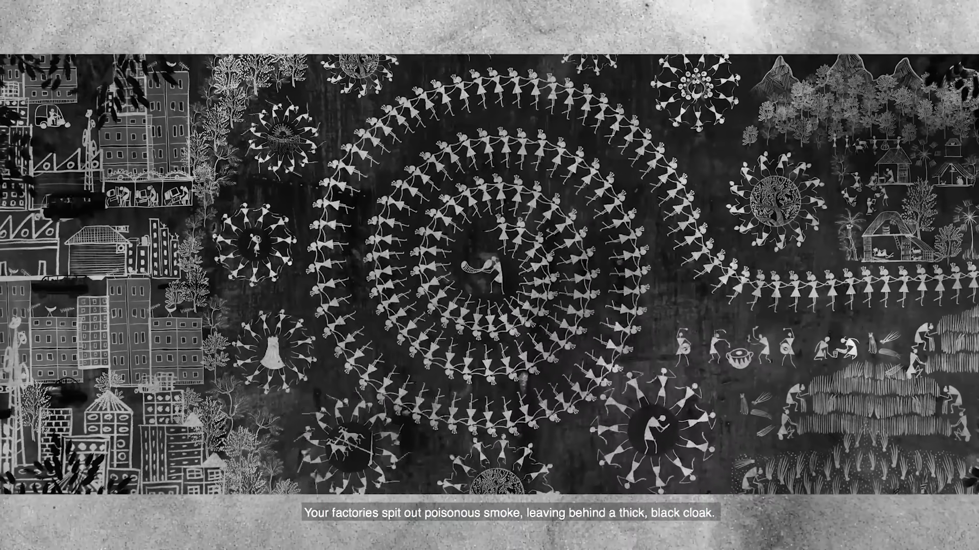 A still from the music video Warli Revolt by Swadesi Movement and Prakash Bhoir. The animation incorporates traditional Warli iconography to voice opposition to deforestation and displacement.Artwork byDinesh Barap and animation byJanmeet Singh.[6]