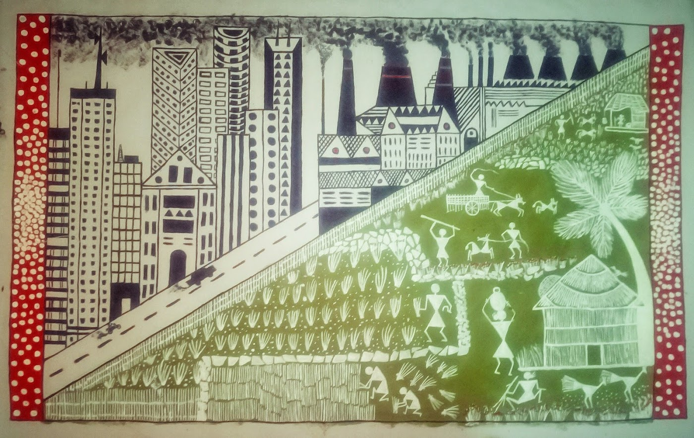 Shital Bhoir’s reinterpretation of Warli art places construction equipment, felled trees, and forest creatures side by side, documenting the impact of urban development on the life of indigenous communities in Aarey.[5]