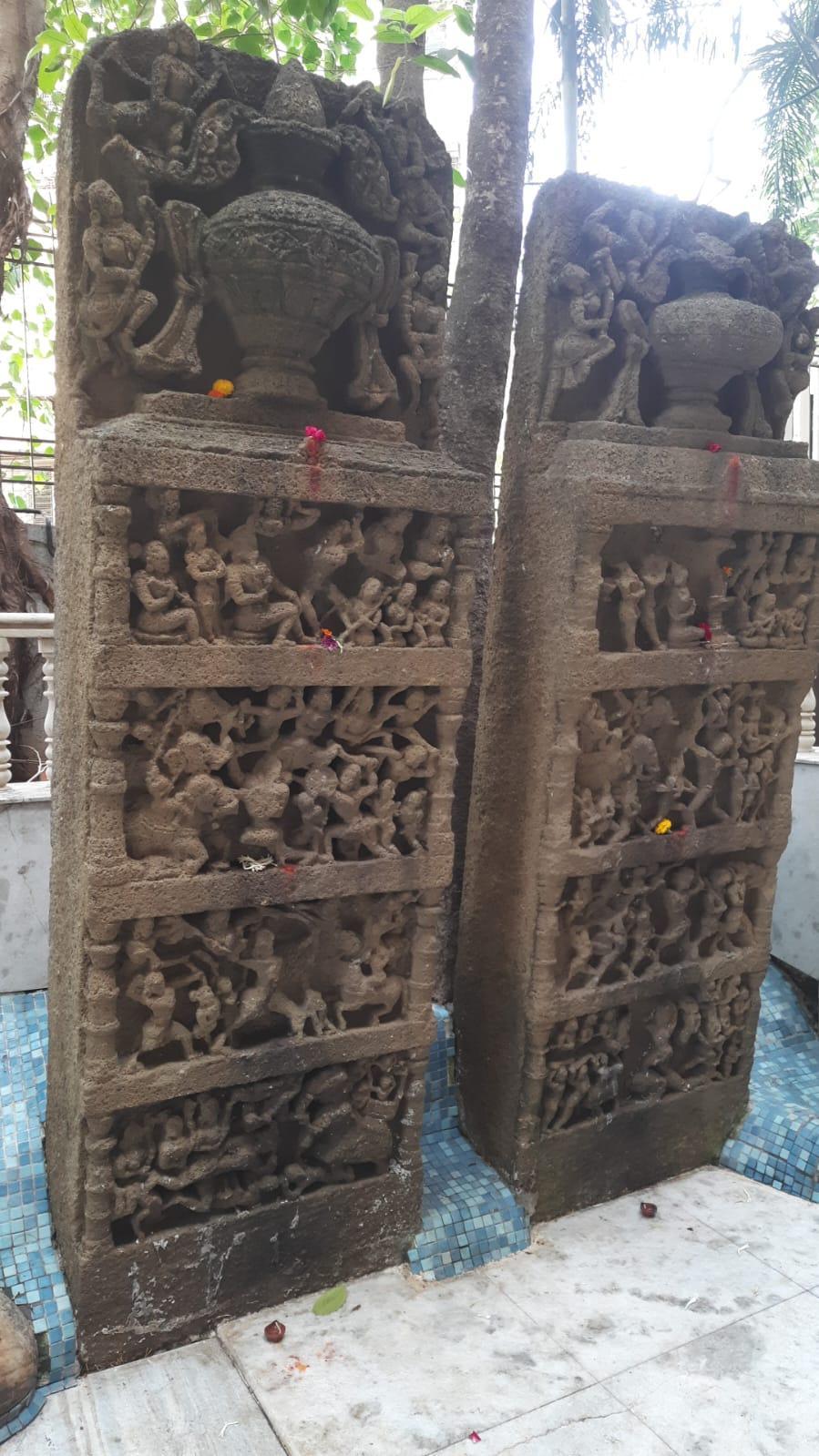 Veergal showing a multi-panel carving with an elephant battle scene; part of the Eksar memorial group in Borivali. (Source: CKA Archives)