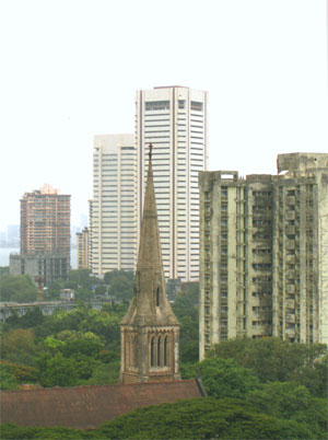 The 198-foot spire of the Afghan Church, which, it is said, was once used as a navigational landmark by ships entering Bombay harbor.[2]