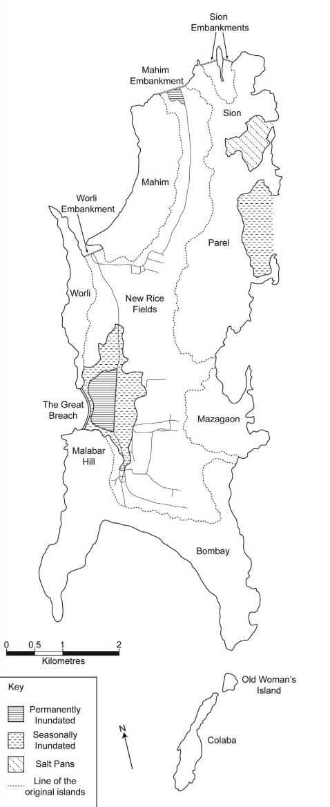 Embankments built between the islands.