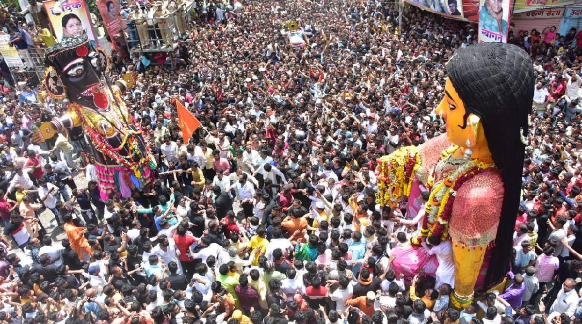 A vibrant procession at the Marbat Festival, with towering effigies paraded through the streets of Nagpur to symbolically drive away evil.[2]