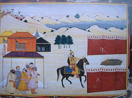 Historical illustration portraying the cremation rites of Guru Gobind Singh at Nanded.