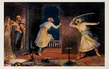 A 20th century depiction of Shivaji (right) attacking Shaista Khan, as he tries to flee by artistM.V. Dhurandhar