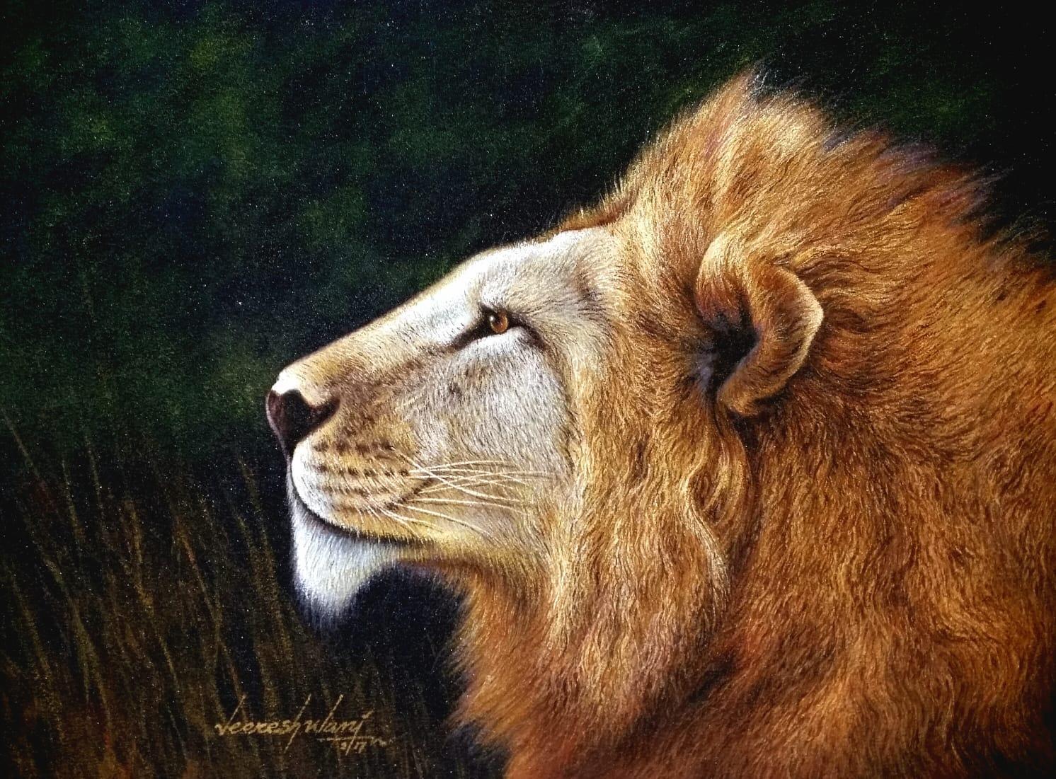 Lion-themed sand artwork by Veeresh Wani, featuring detailed texture and color work. (Source: CKA Archives)