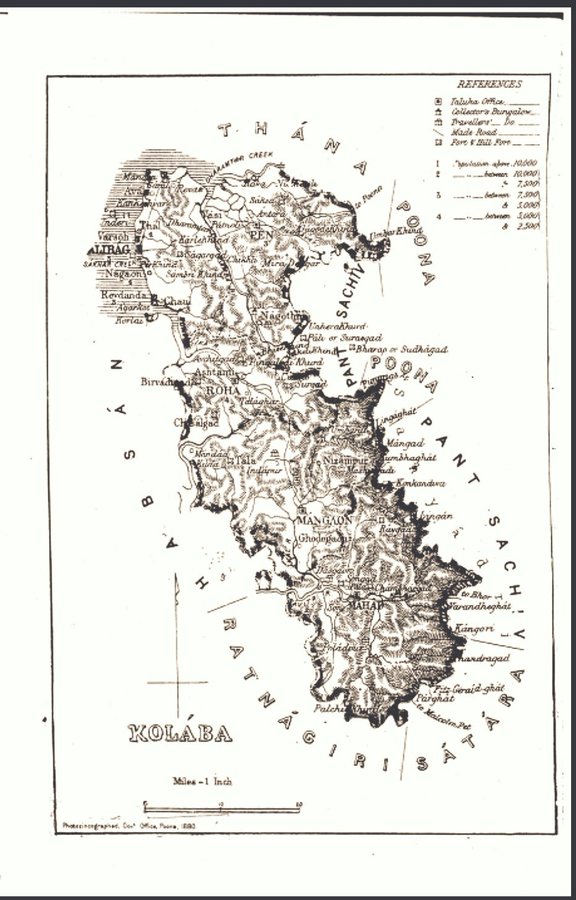 The 1880 district map of Raigad. At that time, the present northernmost part of the district, including Panvel and Karjat, remained under the jurisdiction of Thane, taken from the Kolaba District Gazzetter, 1883.