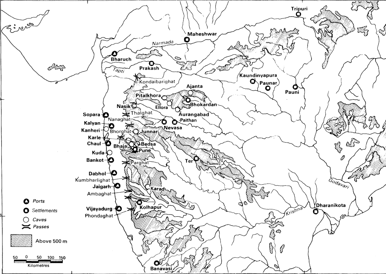 Map of Satavahana settlements in the western Deccan region. Dabhol, marked on this, was an important port during the time which connected to inland centres via river and ghat routes.Source: Oxford University Press