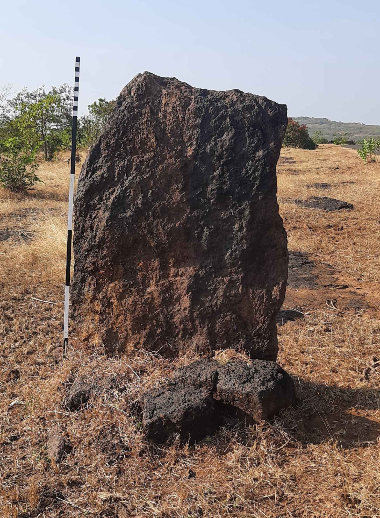 One of the seven megalithic monuments called 'menhirs' discovered by Satish Lalit in the Kumbhavade village of Ratnagiri district.