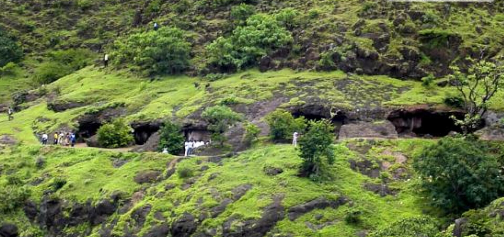 Exterior view of the Karad Caves, Jakhinwadi —Rock-cut Buddhist caves on Agashiv hill, overlooking the Koyna River valley near Karad.