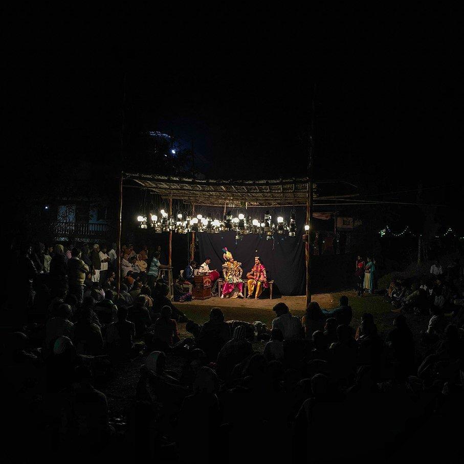 A traditional Dashavatar performance being staged at night in Sindhudurg, as a large audience gathers to watch the vibrant retelling of epic stories. (Source: CKA Archives)