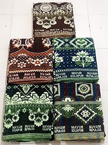 A collection of Solapuri chaddars on display, woven by local artisans, known for its vibrant patterns and fine cotton weave.[3]