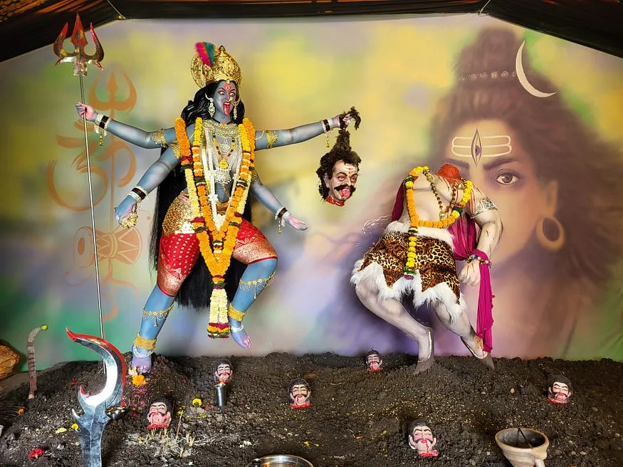 A clay murti of Kali Mata in Yavatmal created by Dhananjay Tayade, which features distinct iconographic elements used for Durgautsav celebrations.[2]