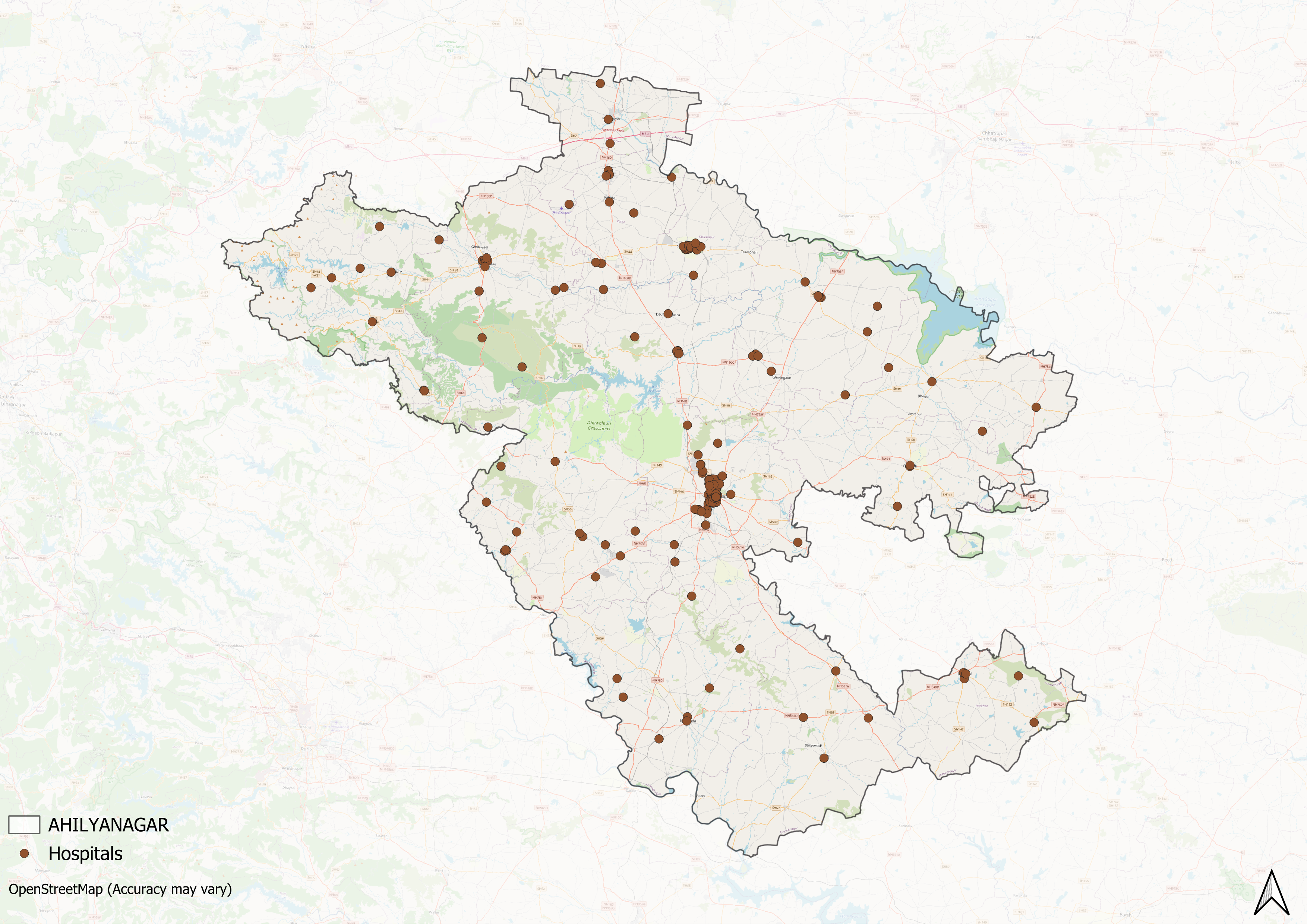 A map of the hospitals spread across the Ahilyanagar City area of the district (Source: CKA Archives).