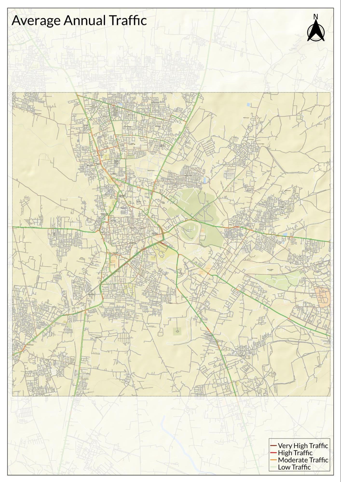 Map showing the distribution of average annual traffic density and hotspots across Ahilyanagar city roads. High, moderate, and very high traffic zones are marked in different colors. (Source: CKA Archives)
