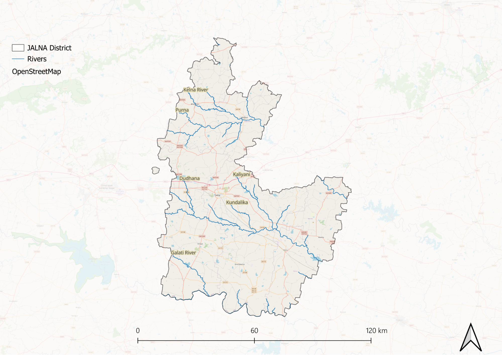 The Dudhna River is especially remarkable as it is the largest tributary of the Purna and has a long course within Jalna district. It drains parts of Ambad, Jalna, and Partur talukas and is fed by smaller tributaries like Baldi, Kundlika, and Kalyan. The river system in Jalna shows a dendritic drainage pattern, which has mature valleys formed over time.