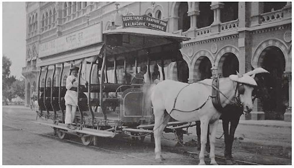 A horse-drawn tram in 1874, from Kalbadevi to Pydhonie and Secretariat to Rampart Row.