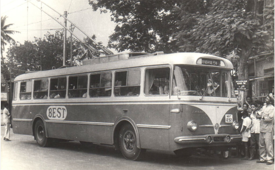 A trolley bus that was powered by electric wires running overhead